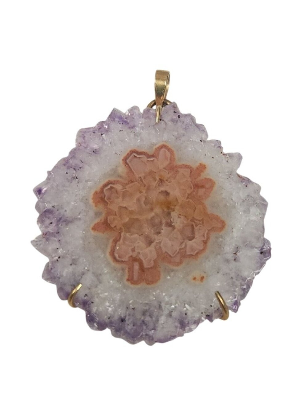 Natural Amethyst Stalactite Slice Pendant W/ Orange Flower Pattern & Gold Bail